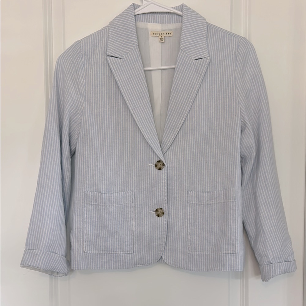 Girls Size M(8/10), Copper Key Linen Blazer. Light Blue and White stripe.